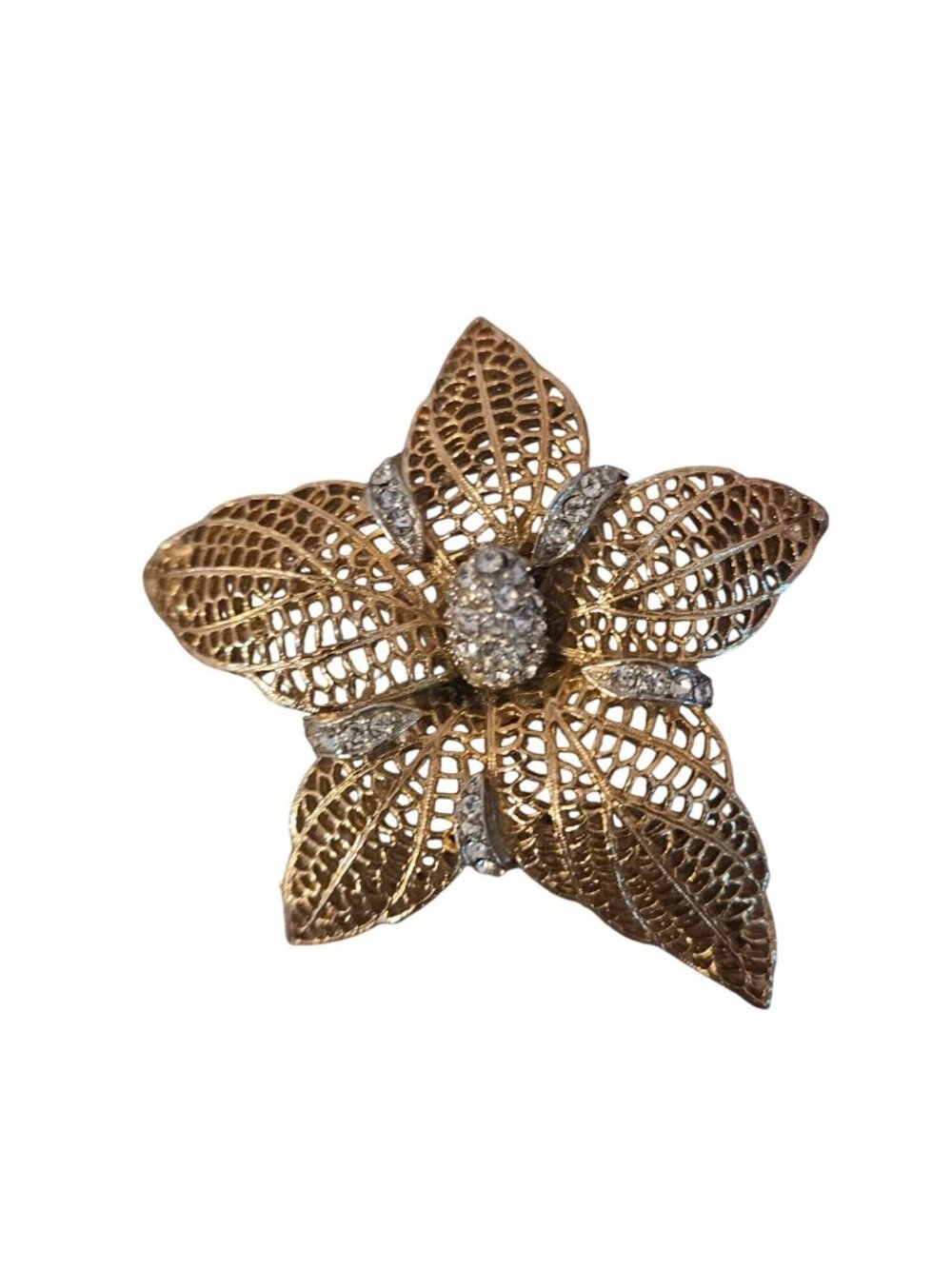 ART Gold-Tone Filigree Floral Brooch With Rhinestone Accents